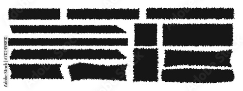 Set of different torn paper textures. Black rectangle shapes with ripped edges isolated on white background. Blank jagged textbox, tag, patch, tape templates. Vector graphic illustration