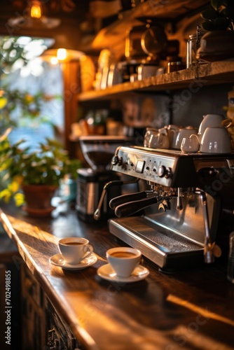 A coffee machine placed on a wooden counter. Perfect for cafes, restaurants, and home kitchens photo
