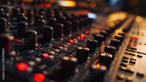 Close up of a mixing board in a recording studio. Ideal for music production and audio engineering projects