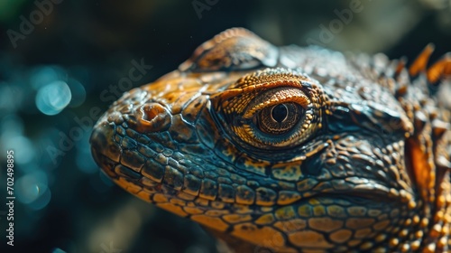 A close-up view of a lizard's face with a blurred background. This image can be used to showcase the intricate details and unique features of reptiles © Fotograf