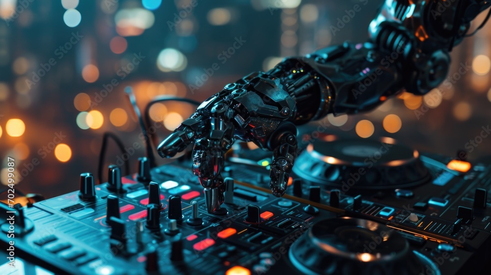 Robotic hand playing music on a mixer. Ideal for technology, robotics, and music industry concepts Robotic hand playing music on a mixer. Ideal for technology, robotics, and music industry concepts