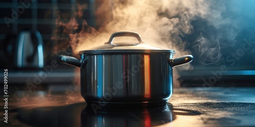 A pot on a stove with steam rising out of it. This versatile image can be used to depict cooking, food preparation, or a warm and inviting kitchen atmosphere