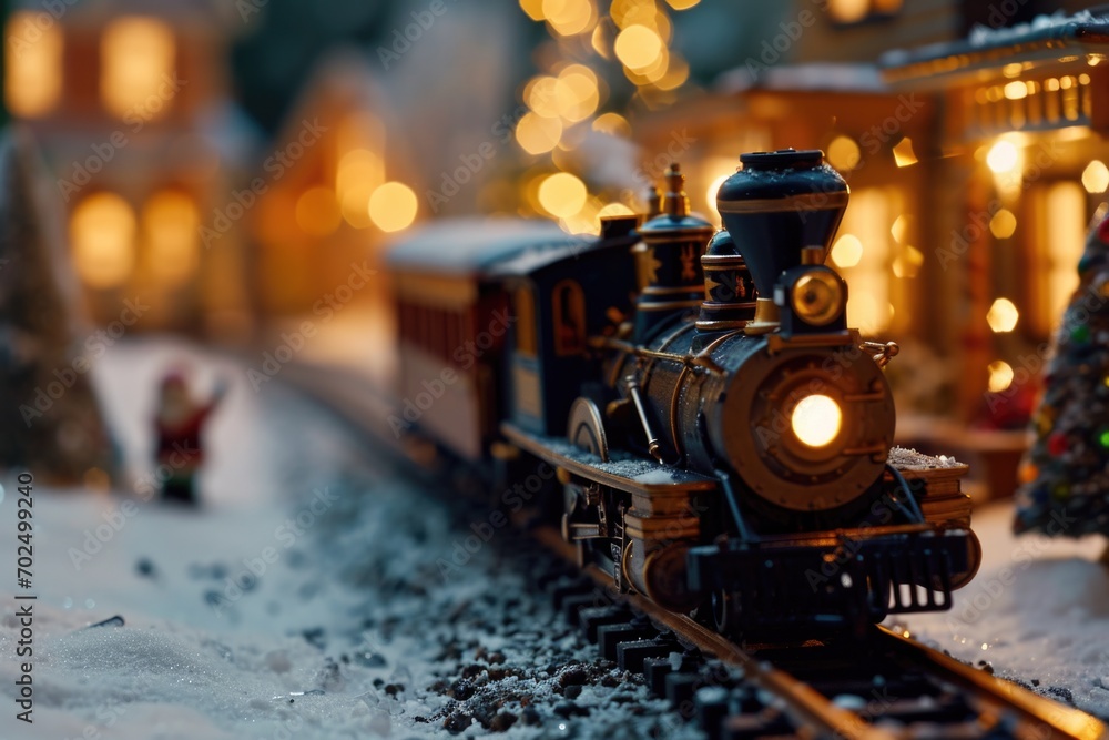 A toy train is pictured on the snow-covered tracks. This image can be used to depict winter activities or as a symbol of childhood nostalgia