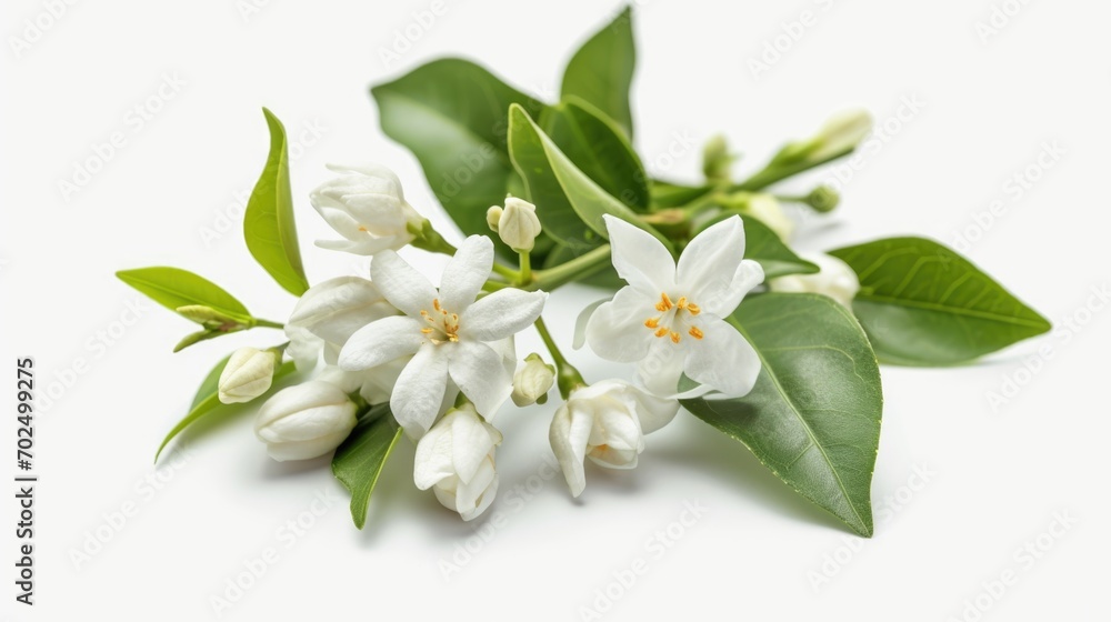 A bunch of white flowers with green leaves. Perfect for adding a touch of elegance to any space