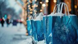 Blue shopping bags lined up on a snowy sidewalk. Perfect for winter shopping or holiday season concepts