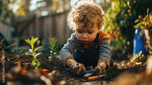 A little boy is seen playing in the dirt with a cell phone. This image can be used to depict children s playtime or technology usage