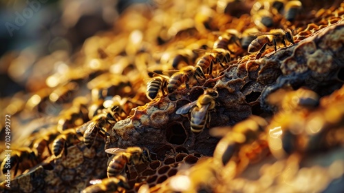 Bees sitting on top of a pile of wood. Suitable for nature, wildlife, and beekeeping themes © Fotograf