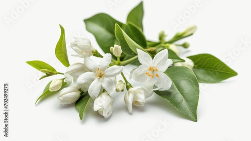 A bunch of white flowers with green leaves. Perfect for adding a touch of elegance to any space