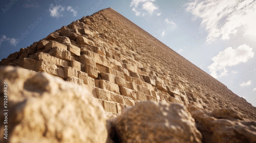 A very tall pyramid with rocks in front of it. Perfect for educational materials or travel brochures