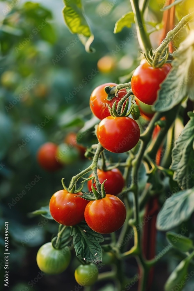 A detailed view of ripe tomatoes growing on a plant. Perfect for gardening or healthy eating concepts