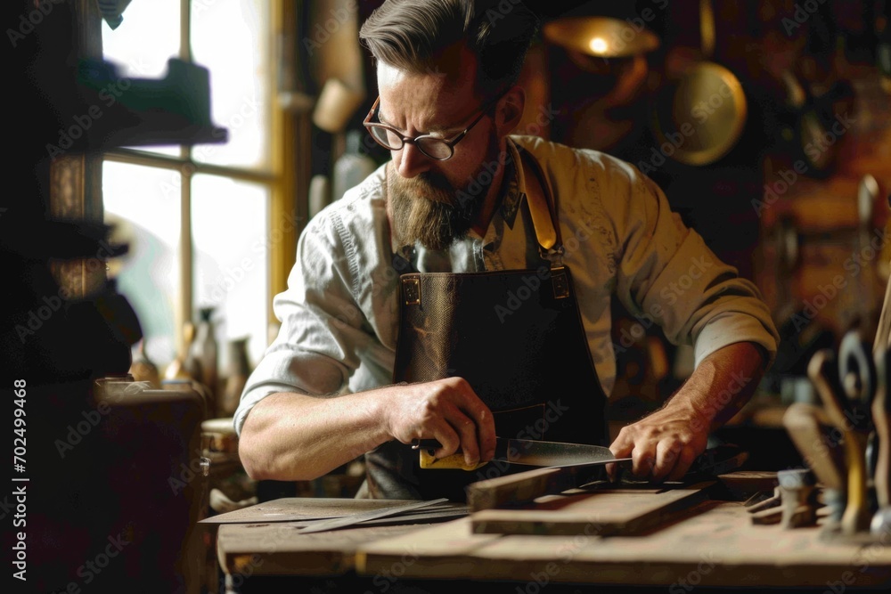 A man is working on a piece of wood. This image can be used to showcase woodworking, craftsmanship, or DIY projects