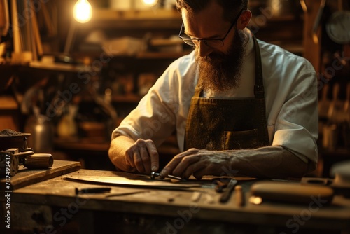 A man in an apron diligently working on a piece of wood. Suitable for woodworking, carpentry, and DIY projects
