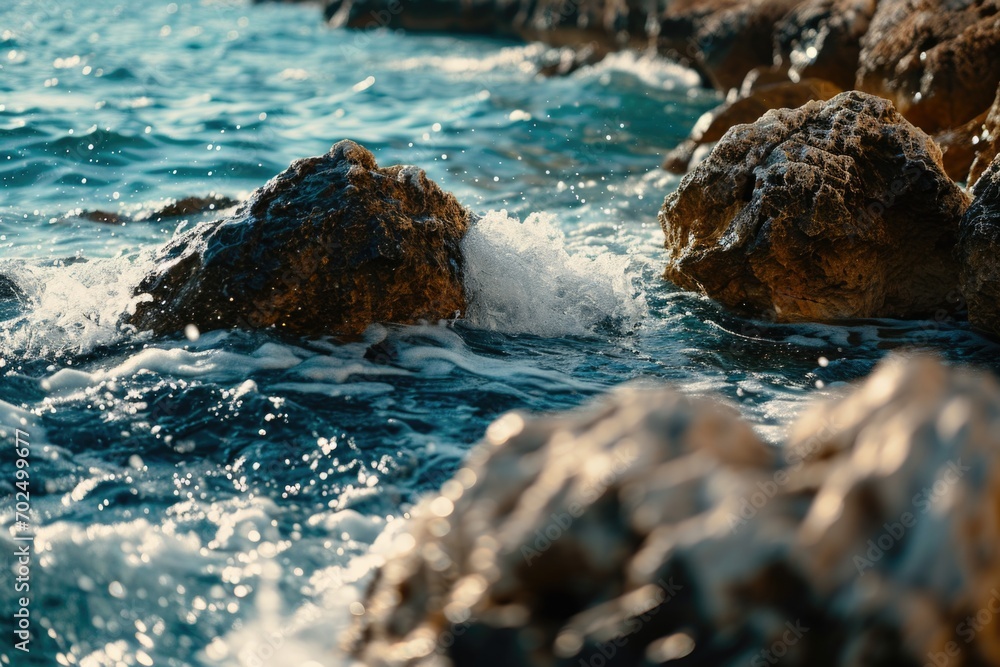 Naklejka premium A serene image featuring a body of water with rocks in the foreground. Perfect for nature enthusiasts and those seeking tranquility in their designs