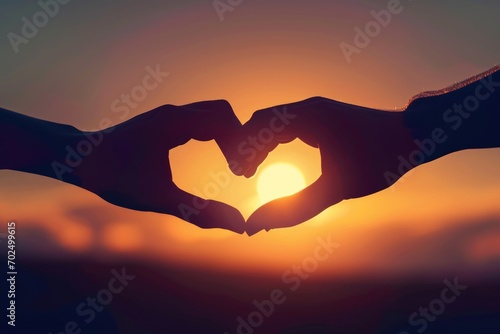 Two hands forming a heart shape with the sun shining in the background. Perfect for expressing love and positivity. Ideal for greeting cards, social media posts, and advertisements