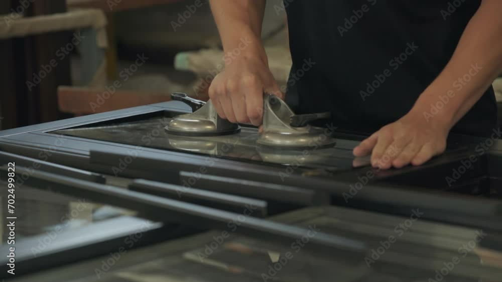 Worker manually inserting the glass piece into the black window frame. Manually putting the glass into the wooden window. Manually attaching the glass to the window in the joinery workshop Worker manually inserting the glass piece into the black window frame. Manually putting the glass into the wooden window. Manually attaching the glass to the window in the joinery workshop