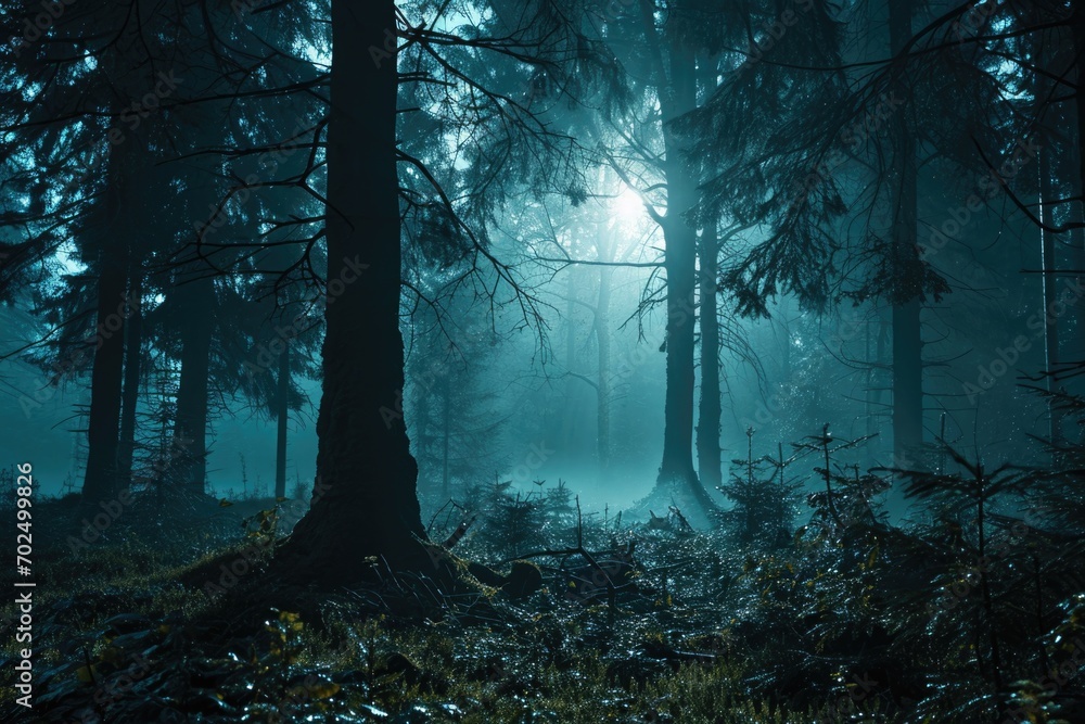 A misty forest scene with tall trees and lush green grass. Perfect for nature enthusiasts or those looking for a peaceful and serene atmosphere.