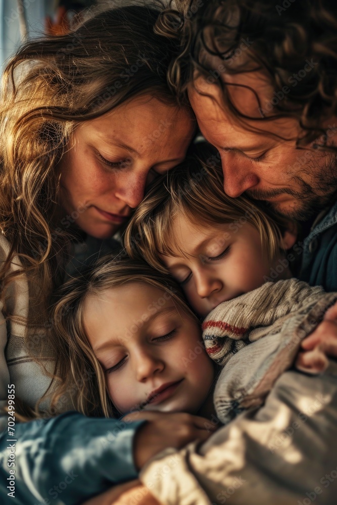A heartwarming image of a man and two children cuddling together on a bed. Perfect for family-themed projects and advertisements A heartwarming image of a man and two children cuddling together on a bed. Perfect for family-themed projects and advertisements