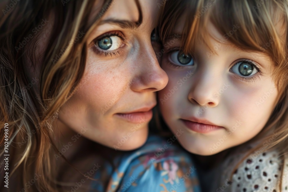 A close-up photograph of a woman and a child. A close-up photograph of a woman and a child.