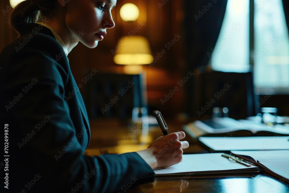 A woman sitting at a table, holding a pen. Suitable for office, education, or creative concept