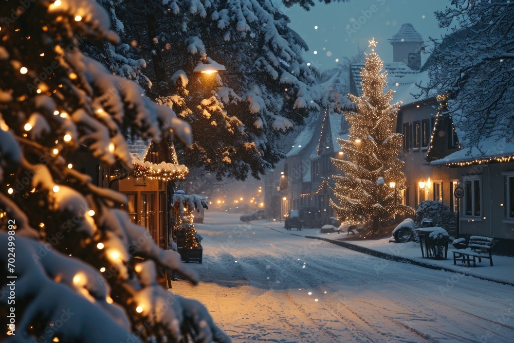 Naklejka premium Snowy street with a beautifully lit Christmas tree in the middle. Perfect for holiday decorations or winter-themed designs