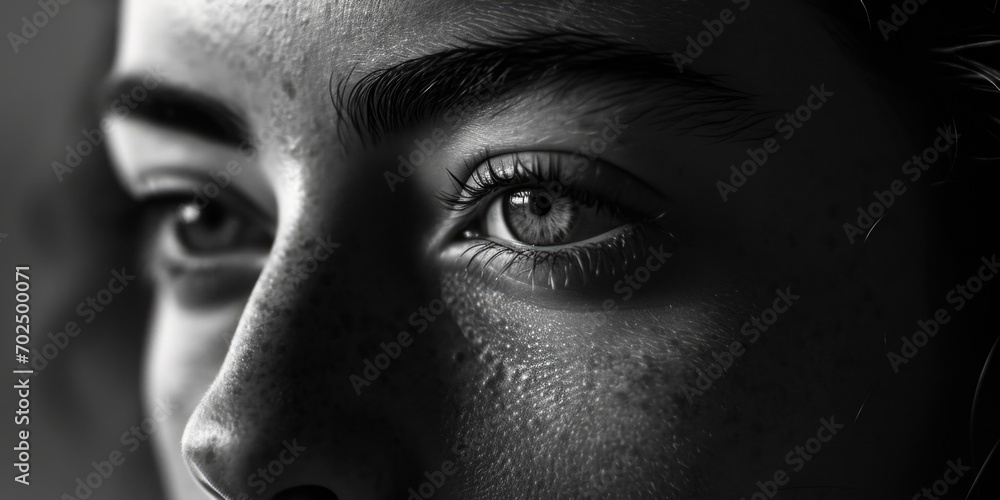 Naklejka premium A captivating black and white photo capturing the beauty and depth of a woman's eyes. Perfect for adding a touch of elegance and mystery to any project