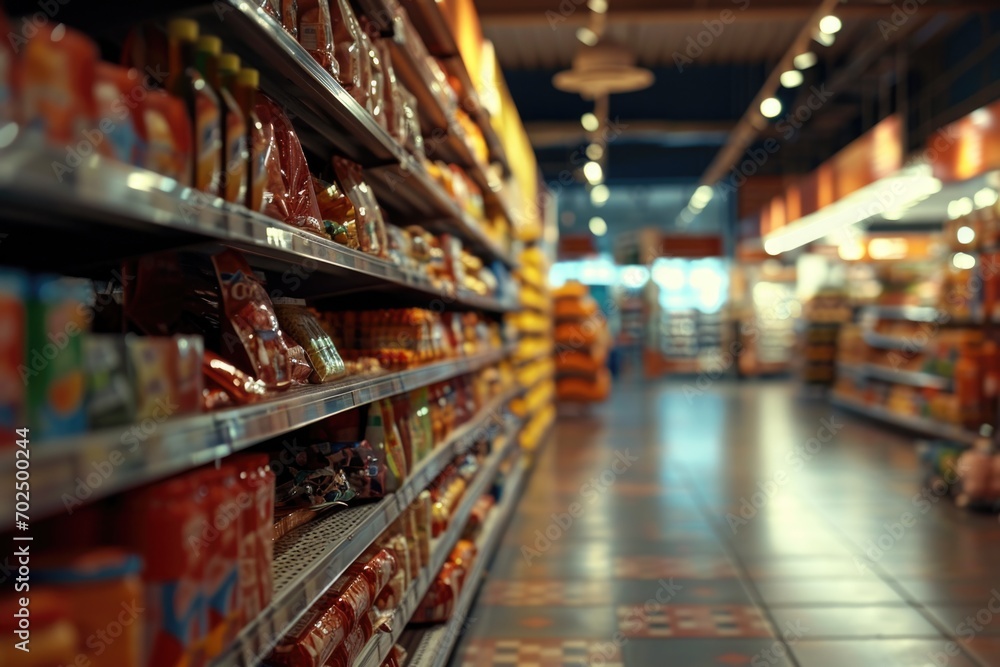 An image of a grocery store aisle filled with a wide variety of food. This picture can be used to depict a well-stocked grocery store or showcase the abundance of food options available.