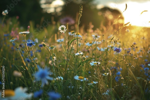 A beautiful field of wildflowers with the setting sun in the background. Perfect for nature enthusiasts or anyone looking to add a touch of serenity to their projects © Fotograf