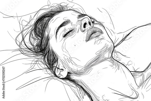 A drawing of a woman laying down with her eyes closed. Can be used to represent relaxation, meditation, or sleep