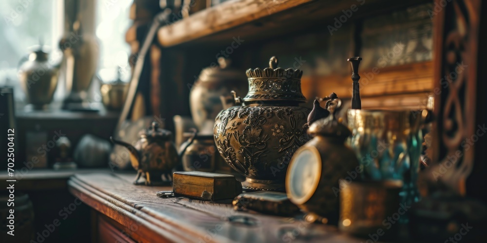 A collection of antique items displayed on a shelf. Perfect for adding a touch of vintage charm to any design project - obrazy, fototapety, plakaty 