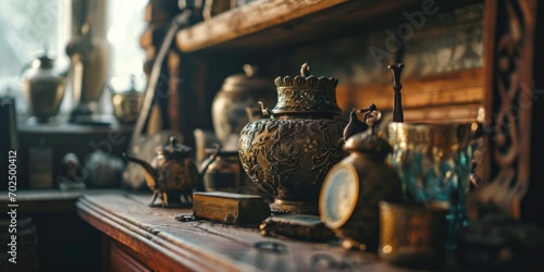 A collection of antique items displayed on a shelf. Perfect for adding a touch of vintage charm to any design project photo