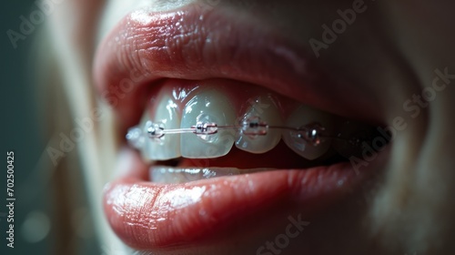 A close-up view of a person's mouth with braces. This image can be used to illustrate orthodontic treatment or the process of straightening teeth photo