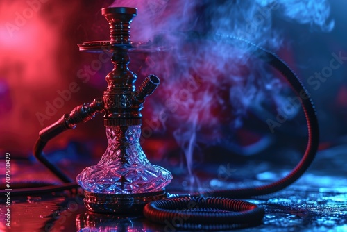 A hookah with smoke billowing out of it, resting on a table. Perfect for illustrating the art of smoking hookah or creating a relaxing atmosphere