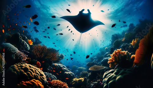 Manta ray swims over a colorful reef. Mantas are amongst the largest fish in the ocean with a wing span of up to 7 meters and weighing up to two tonnes photo