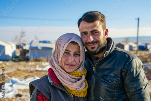 Dramatic portrait of a refugee family. Background with selective focus and copy space
