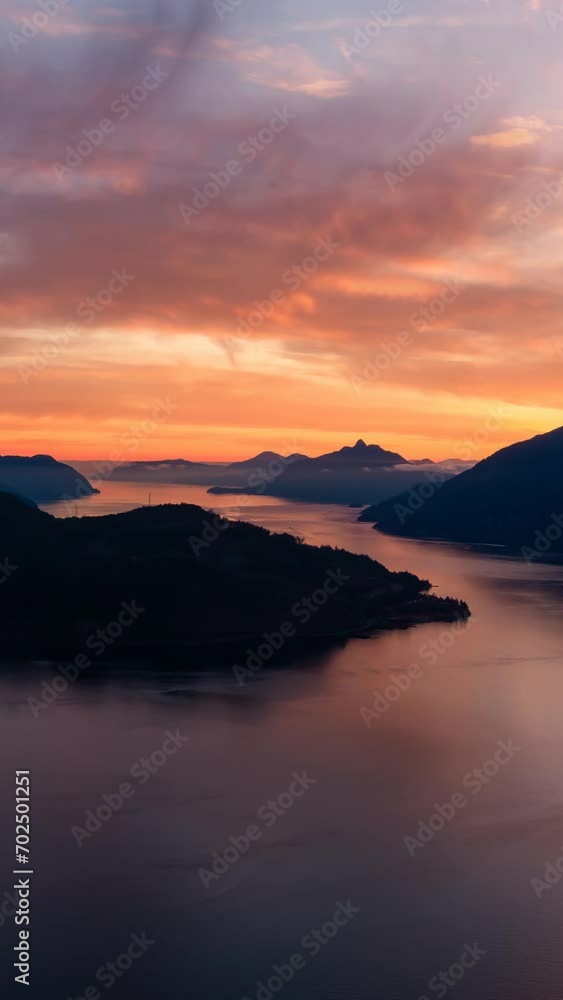 Canadian Mountain Landscape on West Coast Pacific Ocean. Aerial. Howe Sound, BC Canada. Cinemagraph Continuous Loop Animation. Vertical Canadian Mountain Landscape on West Coast Pacific Ocean. Aerial. Howe Sound, BC Canada. Cinemagraph Continuous Loop Animation. Vertical