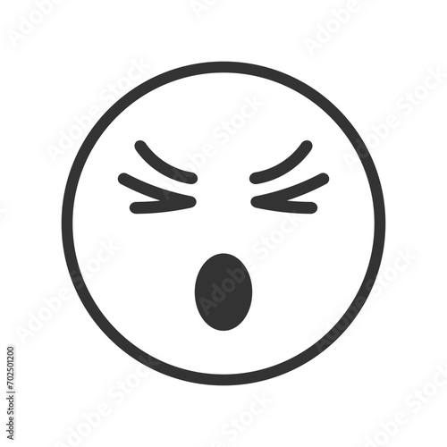 Face with confounded emotion, closed eyes, open mouth and scrunched mimicry. Dizzy, grumpy, unhappy, sad emoticon icon isolated on white background. Vector graphic illustration