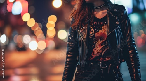 a black leather jacket paired with a bold graphic tee and sleek slimfit pants creates an edgy yet casual look. photo
