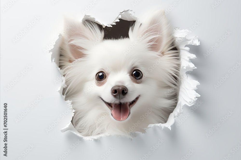 Cute Dogs Head Emerging from Hole in White Whatman Paper with Copy Space for Text