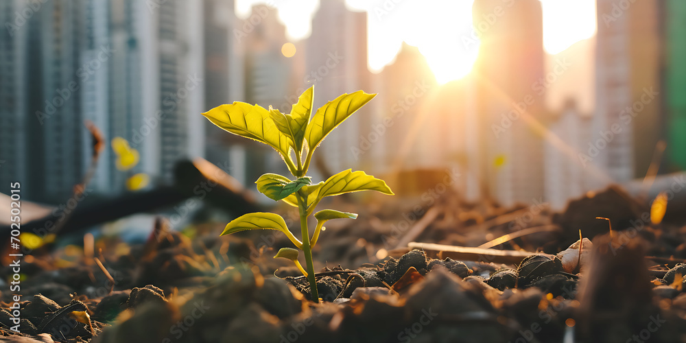 Plant growing with buildings in background - obrazy, fototapety, plakaty 