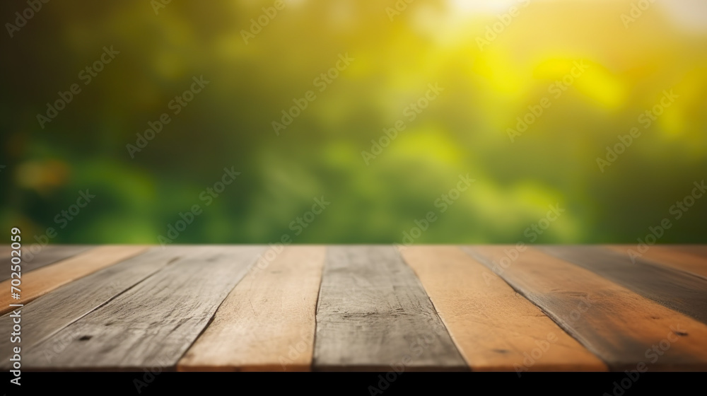 Empty table with green trees in the background, space for advertising, product or text Empty table with green trees in the background, space for advertising, product or text