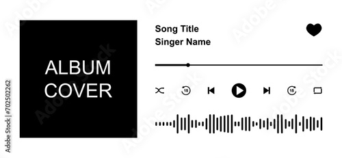 Design of music player app interface with song photo frame, buttons, loading bar and sound wave elements. Horizontal arrangement. Vector graphic illustration isolated on white background
