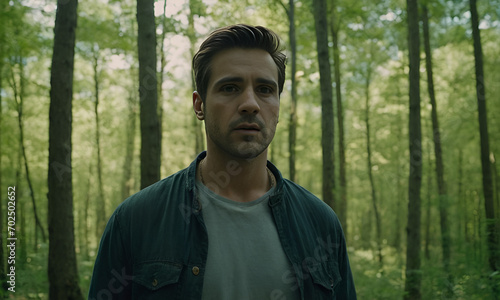  A man standing in front of a forest filled with trees
