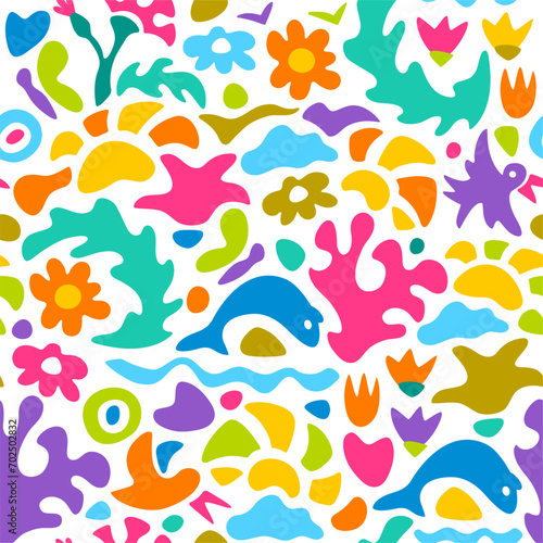 Sea summer abstract seamless pattern with ocean waves, clouds, dolphins, birds, flowers, corals, seaweeds, butterflies and sun. Matisse minimalistic style. Vector EPS + JPEG + Transparent PNG