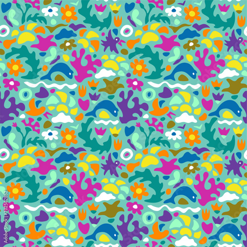 Summer sea vacation abstract seamless pattern with water waves, clouds, dolphins, birds, flowers, corals, seaweeds, butterflies and sun. Matisse minimalistic style © Iuliia
