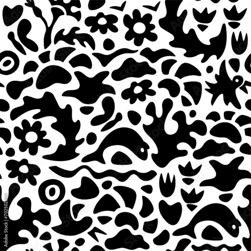 Sea summer abstract seamless pattern in black and white. Matisse minimalistic style. Vector EPS + JPEG + Transparent PNG