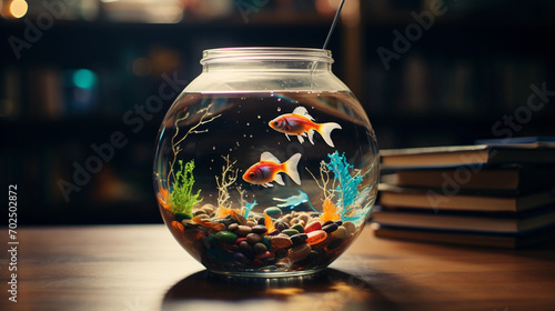 Colorful Glass Ball Aquarium on Desk - A Miniature Underwater World for the Office