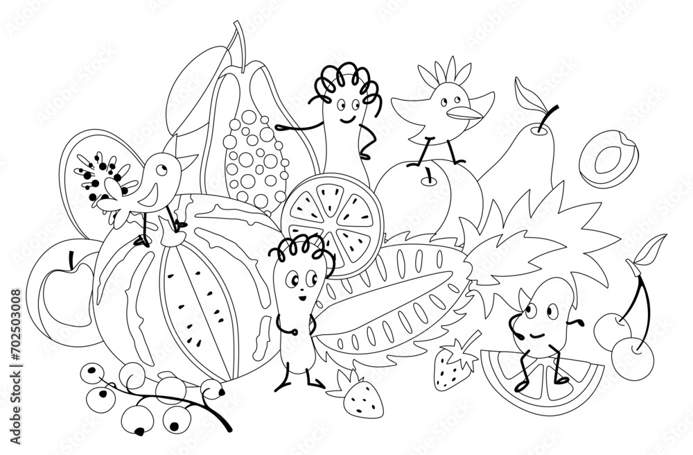 Healthy food composition with fruits, birds and probiotic bacteria characters in black and white. Colored page background. Editable stroke. Vector EPS + JPEG + Transparent PNG 