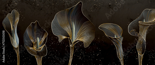 Abstract dark luxury art background with hand drawn calla flowers in golden line style. Botanical banner for decoration, print, textile, wallpaper, interior design, poster. photo