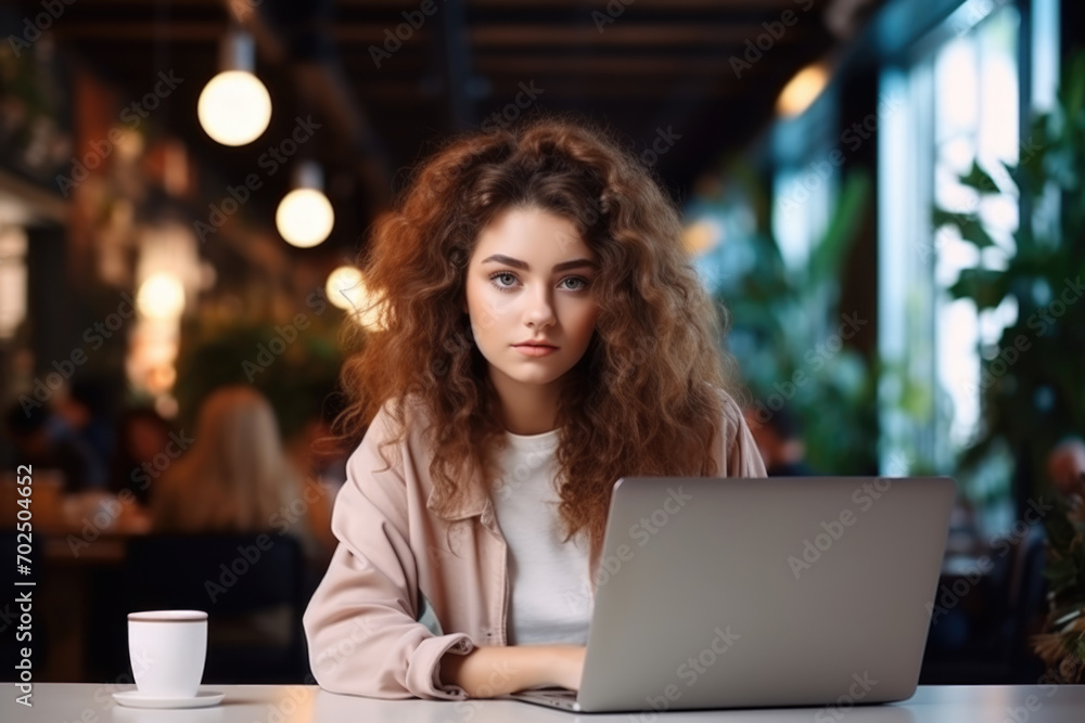 A beautiful young woman, possibly a freelancer or student, immersed in her work on a laptop at a cafe table, showcasing focus and dedication. A beautiful young woman, possibly a freelancer or student, immersed in her work on a laptop at a cafe table, showcasing focus and dedication.
