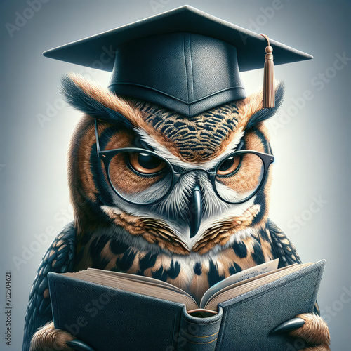 A funny  owl wearing glasses and a graduation cap reading a book photo